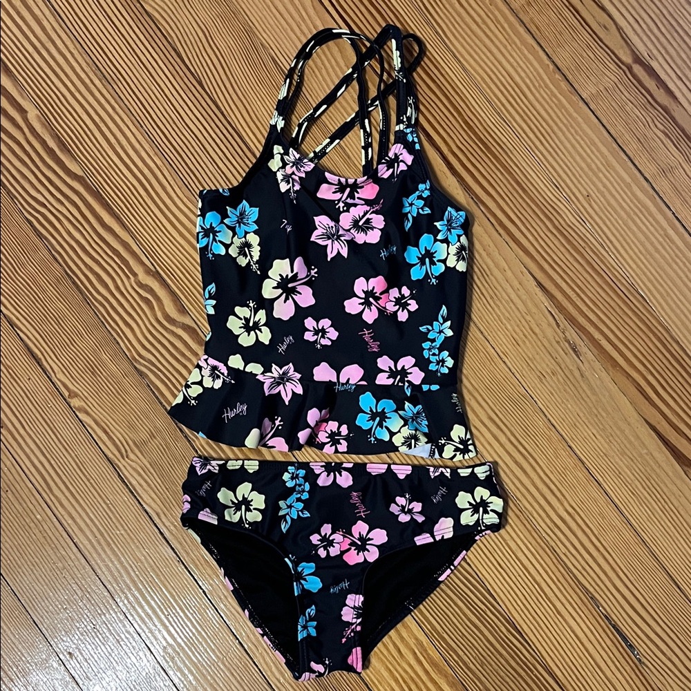 Hurley Black 2 Piece Swimsuit with Vibrant Floral Design